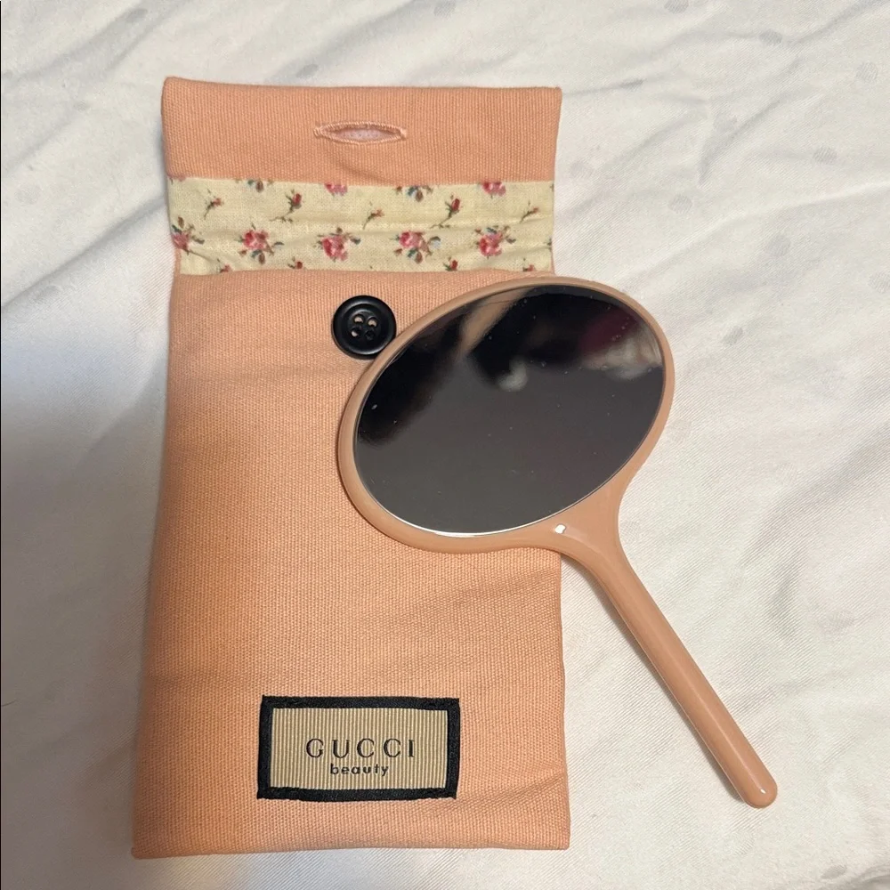 Gucci Peach/Pink Hand Mirror with Fabric Pouch